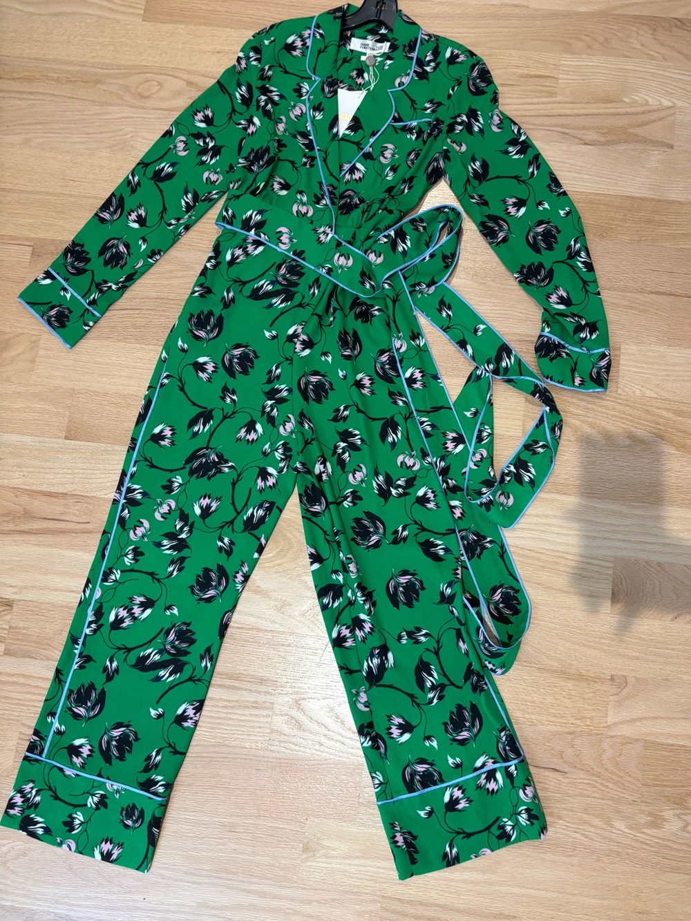Diane Von Furstenberg Green Floral Wrap Pajama Jumpsuit